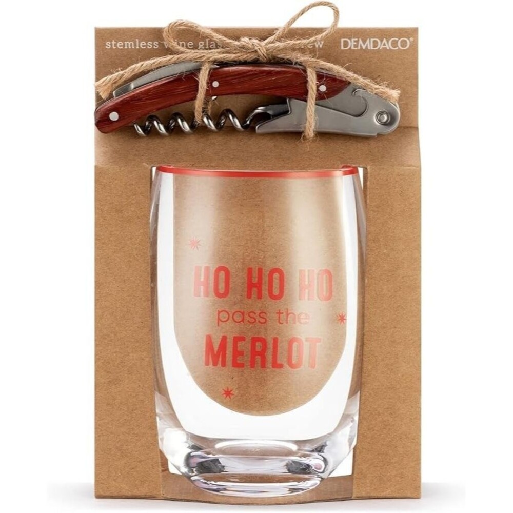 DEMDACO Ho Ho Ho Merlot 12 oz Wine Glass & Corkscrew Holiday Gift Set NEW